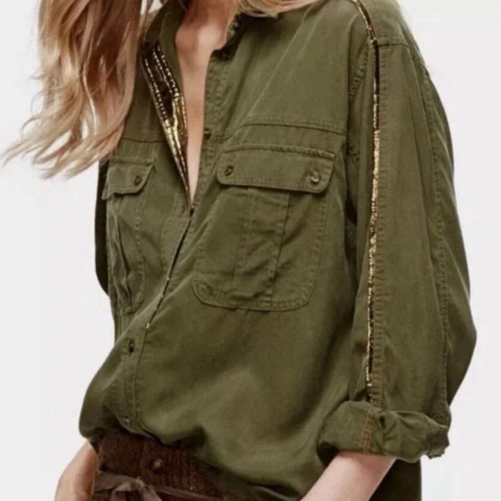 Free People Off Campus Button Down Shirt Olive Green Metallic Trim Small